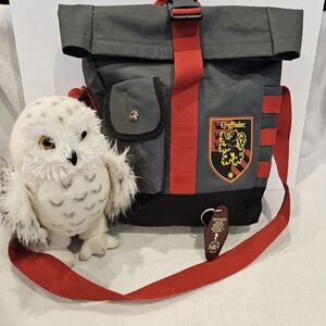 Harry Potter Backpack Messenger Bag Gryffindor Lot W Key Ring And Owl Plush Toy